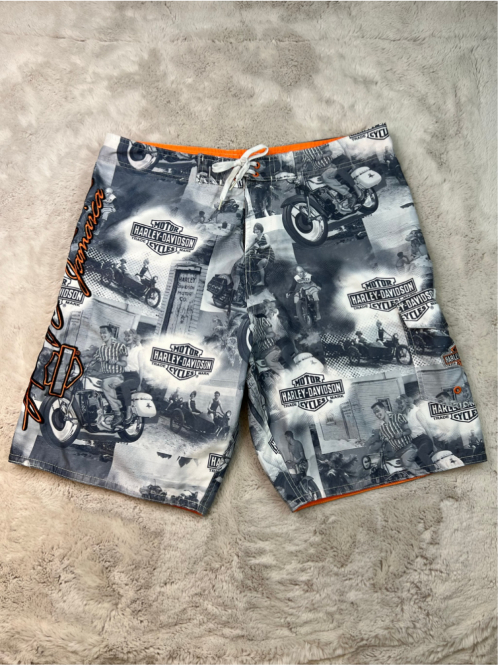 Harley Davidson Swim Trunks Size 38 Black White Graphic Print Logo Motorcycle